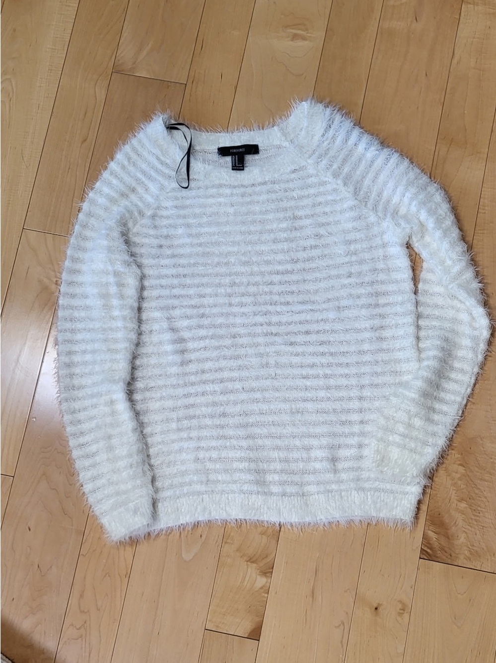 Forever 21 White Fuzzy Stripe Crewneck Sweater